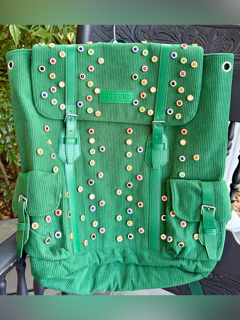 NWOT SILENCE + NOISE Green Corduroy Gemmed Embellished Backpack 18” W x 21” H